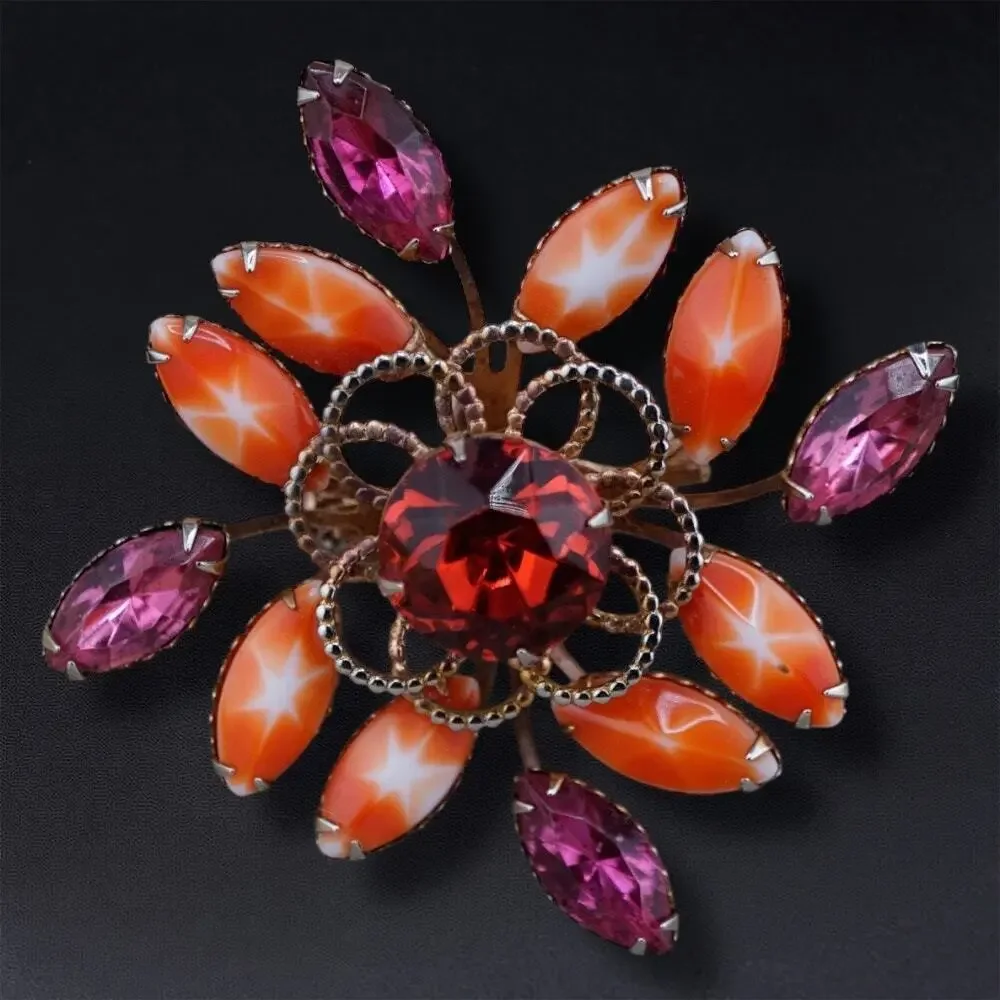 Vintage Atomic Starburst Brooch Orange Pink Rhinestone 2 in‎ MCM Retro Statement